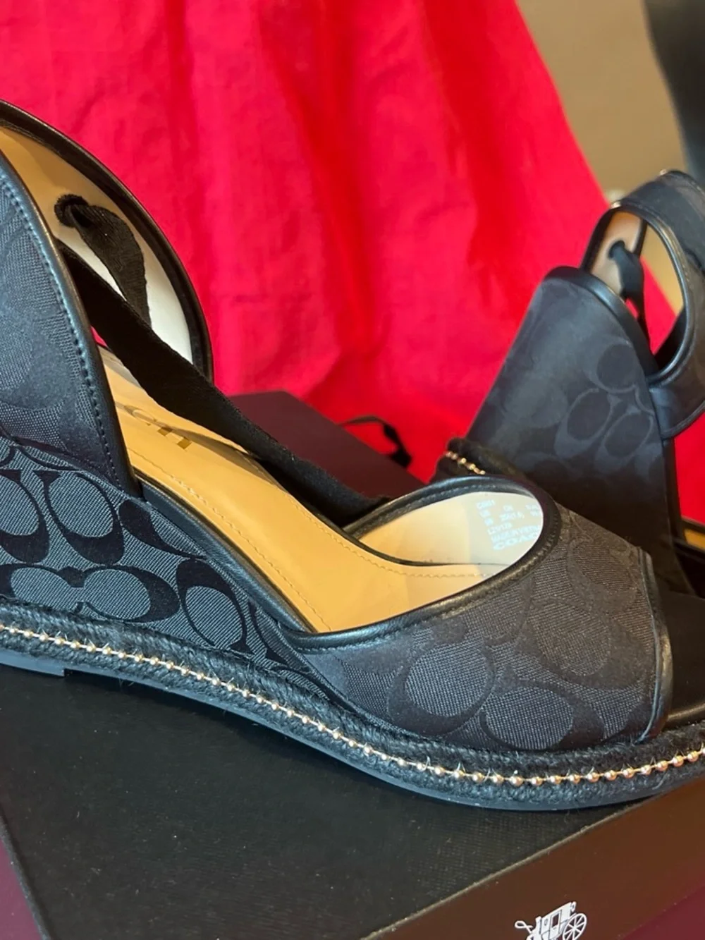 Coach Black Signature Espadrille Wedge Sandals with Gold Trim 9B